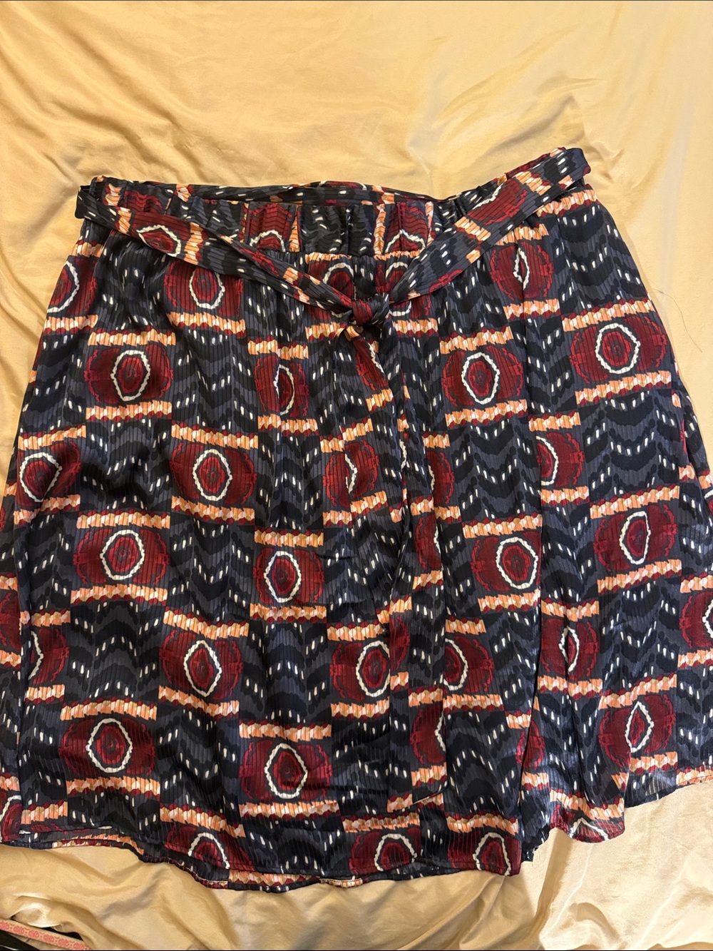 Printed Navy and Burgundy Tie-Waist Skirt